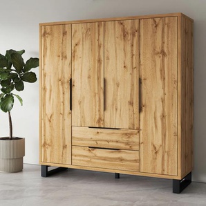 Drehtürenschrank HOME AFFAIRE Bronne,Breite 191 cm, Wäscheschrank inclusive Innenausstattung Schränke Gr. B/H/T: 191 cm x 210 cm x 60 cm, 4 St., Komplettausführung, braun (wotan eiche) Kleiderschrank, 2 Schubkästen, Metallgriffe, Garderobe