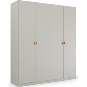 Drehtürenschrank RAUCH Homey by Quadra Spin Schränke Gr. B/H/T: 181cm x 210cm x 54cm, 4 St., grau (seidengrau) mit Grifflaschen aus weichem, cognacbraunem Leder