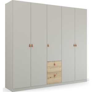 Drehtürenschrank RAUCH Homey by Quadra Spin Schränke Gr. B/H/T: 226cm x 210cm x 54cm, 5 St., grau (seidengrau/eiche artisan) mit cognacbraunen Ledergrifflaschen, Schubladen in Eichen-Dekor