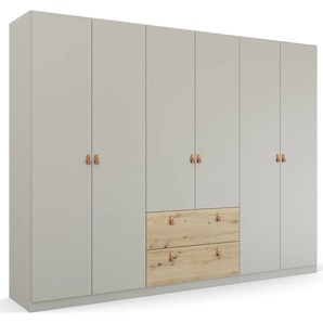 Drehtürenschrank RAUCH Homey by Quadra Spin Schränke Gr. B/H/T: 271cm x 210cm x 54cm, 6 St., grau (seidengrau/eiche artisan) mit cognacbraunen Ledergrifflaschen, Schubladen in Eichen-Dekor