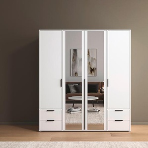 Drehtürenschrank RAUCH Kleiderschrank Schrank Garderobe Wäscheschrank NAGATA mit Spiegel Schränke Gr. B/H/T: 187cm x 194cm x 53cm, 4 St., weiß (alpinweiß) und Schubladen sowie Stangengriffen TOPSELLER MADE IN GERMANY