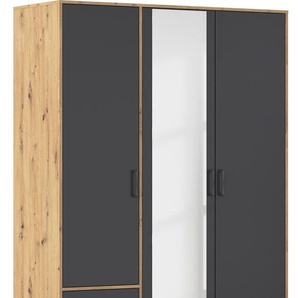 Drehtürenschrank RAUCH Voyager Schränke Gr. B/H/T: 140 cm x 194 cm x 53 cm, 3 St., grau (eiche artisa, graumetallic) mit modernen Griffen in Graumetallic, inkl. Schubkästen und Spiegel