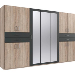 Drehtürenschrank WIMEX Taiga Kleiderschrank mit Spiegel OTTOs Choice Topseller Schränke Gr. B/H/T: 313cm x 210cm x 58cm, 1, grau (struktureichefarben hell/graphit) mit Schubladen auf bequemer Höhe, TOPSELLER