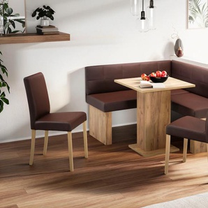 Eckbankgruppe SCHÖSSWENDER Anna 2 Sitzmöbel-Sets Gr. Kunstleder, Eckbank Anna 130cm x 130cm-Säulentisch Anna 68cm x 68cm-2 x Stühle Anna-Golden Oak dekor-Lotos 5093 dunkelbraun + Eckbank nicht umstellbar-Tisch ohne Auszug-2x Stühle massives Gestell, braun