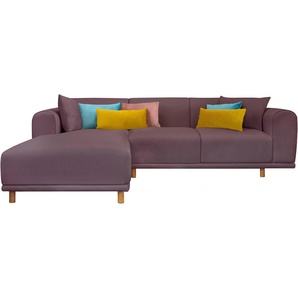 Ecksofa ANDAS Maroon L-Form Sofas Gr. B/H/T: 285cm x 82cm x 191cm, Struktur fein, Recamiere links, Inklusive 7 Zierkissen, lila (beere) in skandinavischem Design, mit losen Kissen