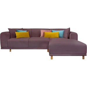 Ecksofa ANDAS Maroon L-Form Sofas Gr. B/H/T: 285cm x 82cm x 191cm, Struktur fein, Recamiere rechts, Inklusive 7 Zierkissen, lila (beere) in skandinavischem Design, mit losen Kissen