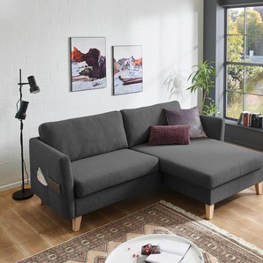 Ecksofa ATLANTIC HOME COLLECTION Mailo L-Form Sofas Gr. B: 204cm, Feinstruktur, Recamiere beidseitig montierbar, grau (anthrazit) mit Seitentaschen, Recamiere beidseitig montierbar, Massivholzfüße