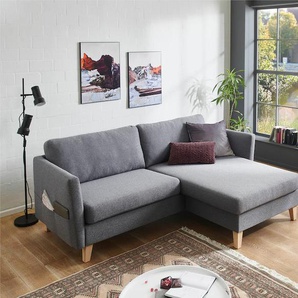 Ecksofa ATLANTIC HOME COLLECTION Mailo L-Form Sofas Gr. B: 204cm, Feinstruktur, Recamiere beidseitig montierbar, grau mit Seitentaschen, Recamiere beidseitig montierbar, Massivholzfüße