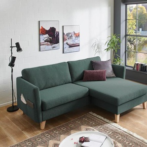 Ecksofa ATLANTIC HOME COLLECTION Mailo L-Form Sofas Gr. B: 204cm, Feinstruktur, Recamiere beidseitig montierbar, grün mit Seitentaschen, Recamiere beidseitig montierbar, Massivholzfüße