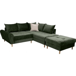 Ecksofa COLLECTION AB 30 Jahre Jubiläums-Modell Reims L-Form Sofas Gr. B/H/T: 223cm x 47cm x 188cm, Luxus-Microfaser Teddyoptik, grün Ottomane beidseitig montierbar, inkl. Bettfunktion und Hocker