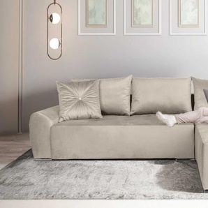 Ecksofa COLLECTION AB Bilbao L-Form Sofas Gr. B/H/T: 285cm x 85cm x 176cm, Samtvelours, Recamiere beidseitig montierbar, beige inkl. Bettfunktion und Bettkasten, Zierkissen mit Strassstein