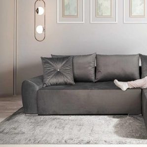 Ecksofa COLLECTION AB Bilbao L-Form Sofas Gr. B/H/T: 285cm x 85cm x 176cm, Samtvelours, Recamiere beidseitig montierbar, grau (anthrazit) inkl. Bettfunktion und Bettkasten, Zierkissen mit Strassstein