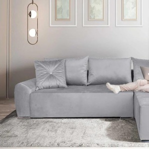 Ecksofa COLLECTION AB Bilbao L-Form Sofas Gr. B/H/T: 285cm x 85cm x 176cm, Samtvelours, Recamiere beidseitig montierbar, grau (hellgrau) inkl. Bettfunktion und Bettkasten, Zierkissen mit Strassstein