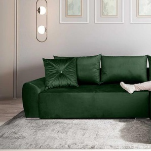 Ecksofa COLLECTION AB Bilbao L-Form Sofas Gr. B/H/T: 285cm x 85cm x 176cm, Samtvelours, Recamiere beidseitig montierbar, grün (flaschengrün) inkl. Bettfunktion und Bettkasten, Zierkissen mit Strassstein