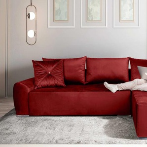 Ecksofa COLLECTION AB Bilbao L-Form Sofas Gr. B/H/T: 285cm x 85cm x 176cm, Samtvelours, Recamiere beidseitig montierbar, rot (weinrot) inkl. Bettfunktion und Bettkasten, Zierkissen mit Strassstein