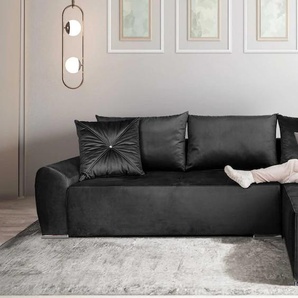 Ecksofa COLLECTION AB Bilbao L-Form Sofas Gr. B/H/T: 285cm x 85cm x 176cm, Samtvelours, Recamiere beidseitig montierbar, schwarz inkl. Bettfunktion und Bettkasten, Zierkissen mit Strassstein