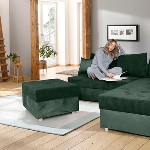 Ecksofa COLLECTION AB Italia L-Form Sofas Gr. B/H/T: 217cm x 42cm x 182cm, Samt-Cord, grün mit Bettfunktion und Bettkasten, in Cord-Samt Mix