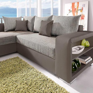 Ecksofa COLLECTION AB John L-Form Sofas Gr. B/H/T: 226cm x 80cm x 160cm, Kunstleder SOFTLUX-Struktur, mit Federkern, braun (elefant/cappuccino) Regalarmlehne,Bettfunktion,Bettkasten,Ottomane beiseitig montierbar