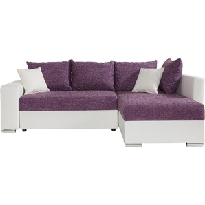 Ecksofa COLLECTION AB John L-Form Sofas Gr. B/H/T: 226cm x 80cm x 160cm, Kunstleder SOFTLUX-Struktur, mit Federkern, lila (weiß/lila) Regalarmlehne,Bettfunktion,Bettkasten,Ottomane beiseitig montierbar