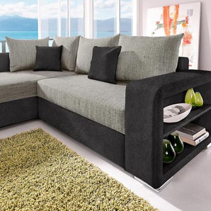 Ecksofa COLLECTION AB John L-Form Sofas Gr. B/H/T: 226cm x 80cm x 160cm, Microfaser PRIMABELLE-Struktur, ohne Federkern, schwarz (schwarz/grau) Regalarmlehne,Bettfunktion,Bettkasten,Ottomane beiseitig montierbar Bestseller