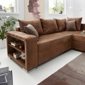 Ecksofa COLLECTION AB John L-Form Sofas Gr. B/H/T: 226cm x 85cm x 160cm, Luxus-Microfaser Lederoptik, Ottomane beidseitig montierbar, mit Federkern, braun (mittelbraun) inklusive Bettfunktion und Bettkasten