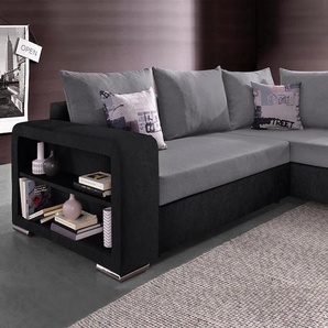 Ecksofa COLLECTION AB John L-Form Sofas Gr. B/H/T: 226cm x 85cm x 160cm, Microfaser PRIMABELLE-Struktur, Ottomane beidseitig montierbar, mit Bettfunktion-ohne Federkern, schwarz (schwarz/grau) mit Bettfunktion, Bettkasten und integriertem Regal