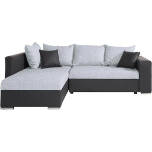 Ecksofa COLLECTION AB John L-Form Sofas Gr. B/H/T: 226cm x 80cm x 160cm, Kunstleder SOFTLUX-Struktur, mit Federkern, grau (anthrazit/hellgrau) Regalarmlehne,Bettfunktion,Bettkasten,Ottomane beiseitig montierbar