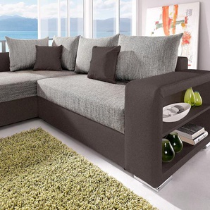 Ecksofa COLLECTION AB John L-Form Sofas Gr. B/H/T: 226cm x 80cm x 160cm, Microfaser PRIMABELLE-Struktur, ohne Federkern, braun (braun/cappuccino) Regalarmlehne,Bettfunktion,Bettkasten,Ottomane beiseitig montierbar