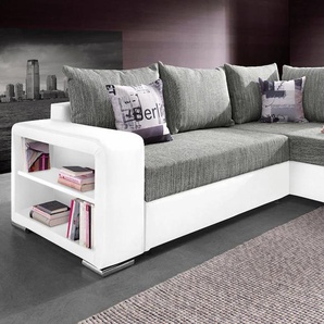 Ecksofa COLLECTION AB John L-Form Sofas Gr. B/H/T: 226cm x 85cm x 160cm, Kunstleder SOFTLUX-Struktur, Ottomane beidseitig montierbar, mit Bettfunktion-ohne Federkern, grau (weiß/grau) mit Bettfunktion, Bettkasten und integriertem Regal