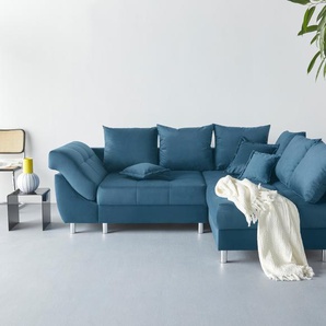 Ecksofa COLLECTION AB Innsbruck L-Form Sofas Gr. B/H/T: 247cm x 87cm x 189cm, Samtvelours, Recamiere beidseitig montierbar, Inklusive loser Zier- und Rückenkissen, blau (marineblau) inklusive Federkern, Recamiere links oder rechts montierbar