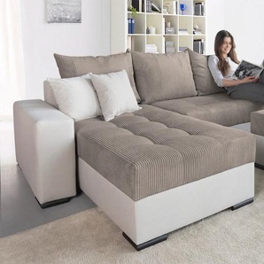 Ecksofa COLLECTION AB Josy L-Form Sofas Gr. B/H/T: 214cm x 84cm x 161cm, Cord-Microfaser PRIMABELLE, Ottomane beidseitig montierbar, grau (taupe) mit Bettfunktion und Bettkasten, Federkern