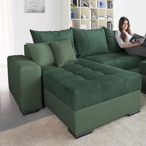 Ecksofa COLLECTION AB Josy L-Form Sofas Gr. B/H/T: 214cm x 84cm x 161cm, Cord-Microfaser PRIMABELLE, Ottomane beidseitig montierbar, grün (dunkelgrün) mit Bettfunktion und Bettkasten, Federkern