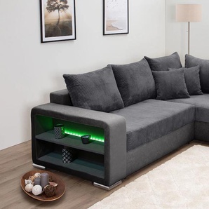 Ecksofa COLLECTION AB L-Form Sofas Gr. B/H/T: 226cm x 40cm x 160cm, Microfaser-Cord POSO, Mit Federkern, grau (anthrazit) Regalarmlehne mit LED RGB Beleuchtung,Bettfunktion und Bettkasten