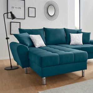 Ecksofa COLLECTION AB Rada L-Form Sofas Gr. B/H/T: 235cm x 86cm x 188cm, Samtoptik, Ottomane beidseitig montierbar, blau (azur) inklusive Hocker, Bettfunktion und Federkern