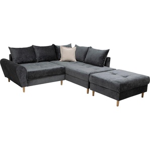 Ecksofa COLLECTION AB Reims L-Form Sofas Gr. B/H/T: 223cm x 47cm x 188cm, Luxus-Microfaser Teddyoptik, grau (anthrazit) Ottomane beidseitig montierbar, inkl. Bettfunktion und Hocker