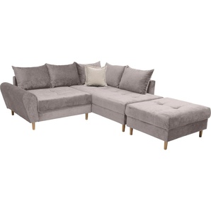 Ecksofa COLLECTION AB Reims L-Form Sofas Gr. B/H/T: 223cm x 47cm x 188cm, Luxus-Microfaser Teddyoptik, grau (taupe) Ottomane beidseitig montierbar, inkl. Bettfunktion und Hocker