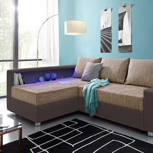 Ecksofa COLLECTION AB Relax L-Form Sofas Gr. B/H/T: 223cm x 84cm x 91cm, Kunstleder SOFTLUX-Struktur, Ottomane beidseitig montierbar, mit Bettfunktion-RGB-LED-Beleuchtung und USB-Anschluß, braun (braun/cappucino) Ecksofa Sofas inklusive Bettfunktion,