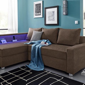 Ecksofa COLLECTION AB Relax L-Form Sofas Gr. B/H/T: 223cm x 84cm x 91cm, Microfaser PRIMABELLE, Ottomane beidseitig montierbar, mit Bettfunktion-RGB-LED-Beleuchtung und USB-Anschluß, braun (dunkelbraun) Ecksofa Sofas inklusive Bettfunktion, Federkern,