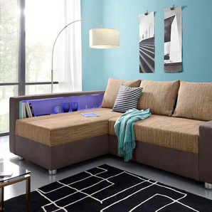 Ecksofa COLLECTION AB Relax L-Form Sofas Gr. B/H/T: 223cm x 84cm x 91cm, Microfaser PRIMABELLE-Struktur, Ottomane beidseitig montierbar, mit Bettfunktion-RGB-LED-Beleuchtung und USB-Anschluß, braun (dunkelbraun/cappucino) Ecksofa Sofas inklusive