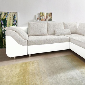 Ecksofa COLLECTION AB Sally L-Form Sofas Gr. B/H/T: 256cm x 87cm x 165cm, Kunstleder SOFTLUX-Struktur, Ottomane beidseitig montierbar, mit Bettfunktion, weiß (weiß/weiß) mit und ohne Bettfunktion, inklusive loser Rücken- Zierkissen