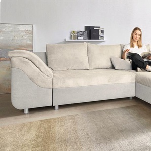 Ecksofa COLLECTION AB Sally L-Form Sofas Gr. B/H/T: 256cm x 87cm x 165cm, Microfaser PRIMABELLE-Cord, Ottomane beidseitig montierbar, mit Bettfunktion-mit Bettkasten, beige mit und ohne Bettfunktion, inklusive loser Rücken- Zierkissen