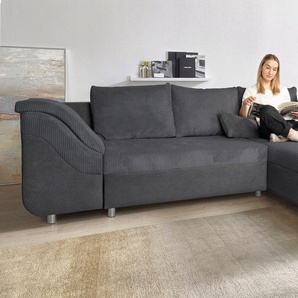 Ecksofa COLLECTION AB Sally L-Form Sofas Gr. B/H/T: 256cm x 87cm x 165cm, Microfaser PRIMABELLE-Cord, Ottomane beidseitig montierbar, mit Bettfunktion-mit Bettkasten, grau (anthrazit) mit und ohne Bettfunktion, inklusive loser Rücken- Zierkissen