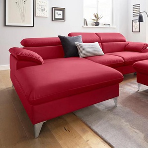 Ecksofa COTTA Caluso L-Form Sofas Gr. B/H/T: 254cm x 74cm x 167cm, Kunstleder SOFTLUX, Recamiere links, ohne Bettfunktion-ohne Bettkasten-mit Kopfteilverstellung, rot inklusive Kopfteilverstellung, wahlweise mit Bettfunktion