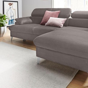 Ecksofa COTTA Caluso L-Form Sofas Gr. B/H/T: 254cm x 74cm x 167cm, Microfaser PRIMABELLE, Recamiere rechts, ohne Bettfunktion-ohne Bettkasten-mit Kopfteilverstellung, grau inklusive Kopfteilverstellung, wahlweise mit Bettfunktion