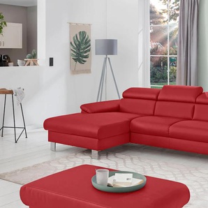 Ecksofa COTTA Komaris L-Form Sofas Gr. B/H/T: 244cm x 72cm x 166cm, Kunstleder SOFTLUX, Recamiere links, ohne Bettfunktion-ohne Bettkasten-ohne RGB-LED-Beleuchtung, rot mit Kopfteilverstellung, wahlweise Bettfunktion,Stauraum & Beleuchtung