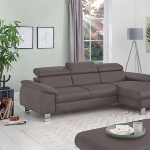 Ecksofa COTTA Komaris L-Form Sofas Gr. B/H/T: 244cm x 72cm x 166cm, Kunstleder SOFTLUX, Recamiere rechts, ohne Bettfunktion-ohne Bettkasten-ohne RGB-LED-Beleuchtung, grau (elefant) mit Kopfteilverstellung, wahlweise Bettfunktion,Stauraum & Beleuchtung