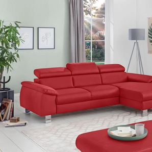 Ecksofa COTTA Komaris L-Form Sofas Gr. B/H/T: 244cm x 72cm x 166cm, Kunstleder SOFTLUX, Recamiere rechts, ohne Bettfunktion-ohne Bettkasten-ohne RGB-LED-Beleuchtung, rot mit Kopfteilverstellung, wahlweise Bettfunktion,Stauraum & Beleuchtung