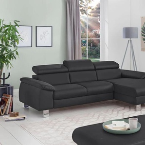 Ecksofa COTTA Komaris L-Form Sofas Gr. B/H/T: 244cm x 72cm x 166cm, Kunstleder SOFTLUX, Recamiere rechts, ohne Bettfunktion-ohne Bettkasten-ohne RGB-LED-Beleuchtung, schwarz mit Kopfteilverstellung, wahlweise Bettfunktion,Stauraum & Beleuchtung