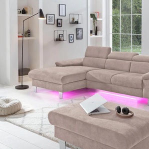 Ecksofa COTTA Komaris L-Form Sofas Gr. B/H/T: 244cm x 72cm x 166cm, Microfaser PRIMABELLE, Recamiere links, ohne Bettfunktion-ohne Bettkasten-mit RGB-LED-Beleuchtung, braun (mud) mit Kopfteilverstellung, wahlweise Bettfunktion,Stauraum & Beleuchtung