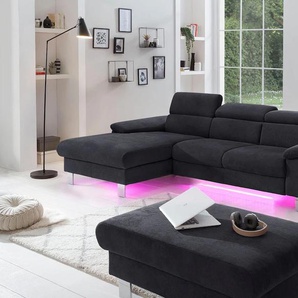 Ecksofa COTTA Komaris L-Form Sofas Gr. B/H/T: 244cm x 72cm x 166cm, Microfaser PRIMABELLE, Recamiere links, ohne Bettfunktion-ohne Bettkasten-mit RGB-LED-Beleuchtung, grau (lava) mit Kopfteilverstellung, wahlweise Bettfunktion,Stauraum & Beleuchtung